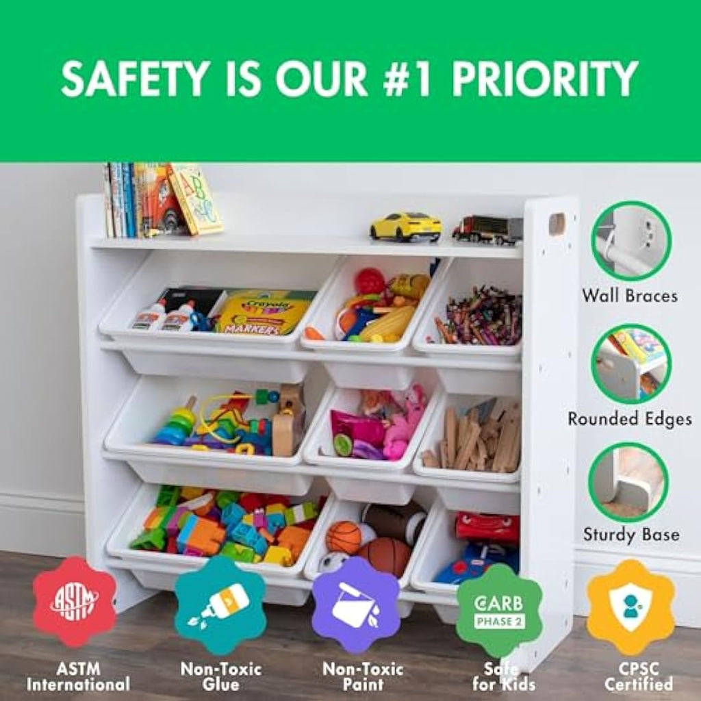 Humble Crew Wooden Toy Storage Organiser | 9 Bins & Shelf – White