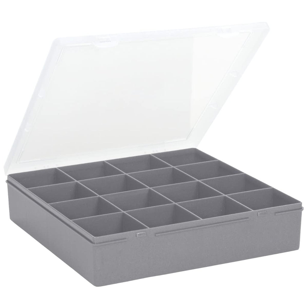 Wham 9.01 16 Division Square Plastic Craft DIY Storage Organiser Box Upcycled Soft Grey Clear Lid, 23.5 x 24.5 x 5cm