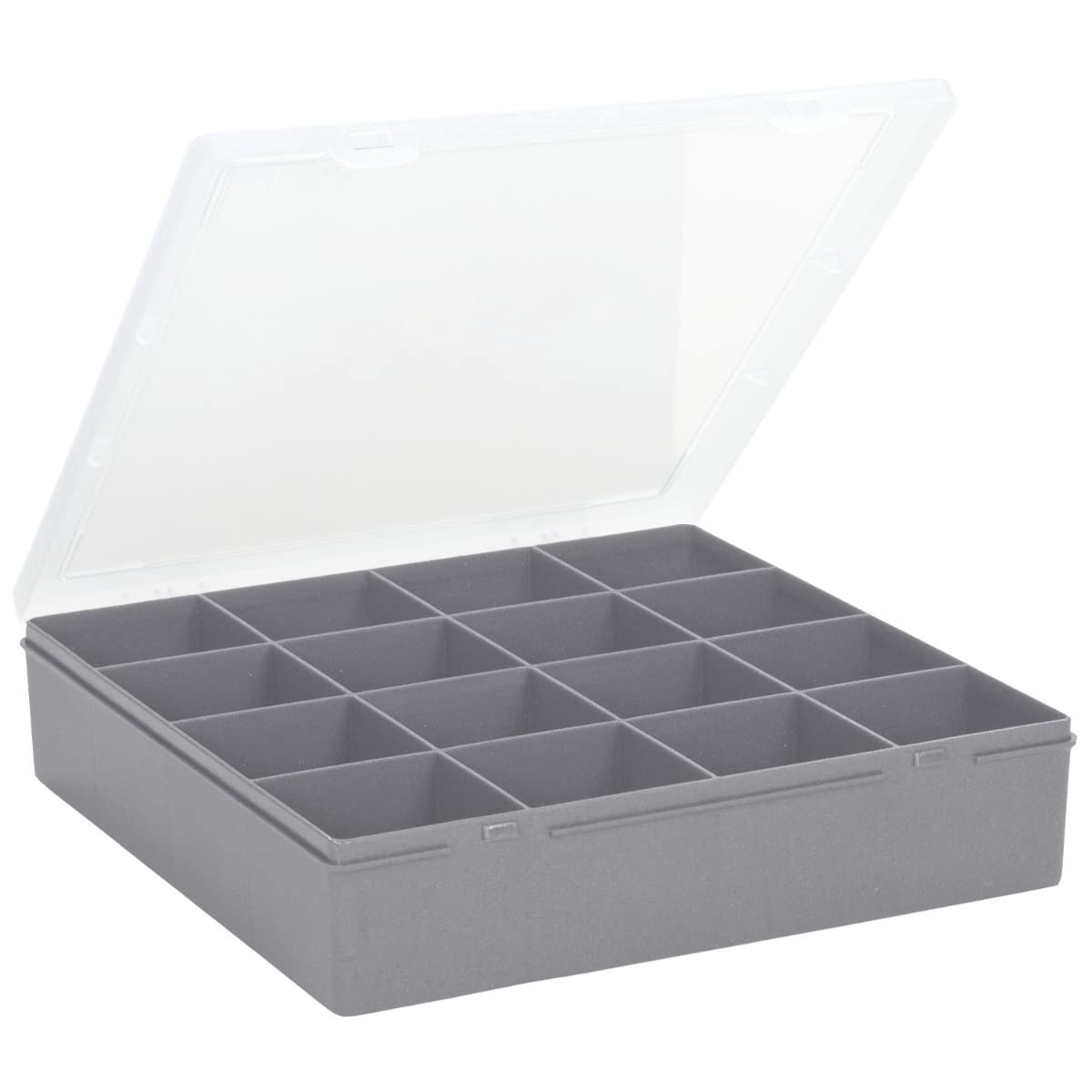 Wham 9.01 16 Division Square Plastic Craft DIY Storage Organiser Box Upcycled Soft Grey Clear Lid, 23.5 x 24.5 x 5cm