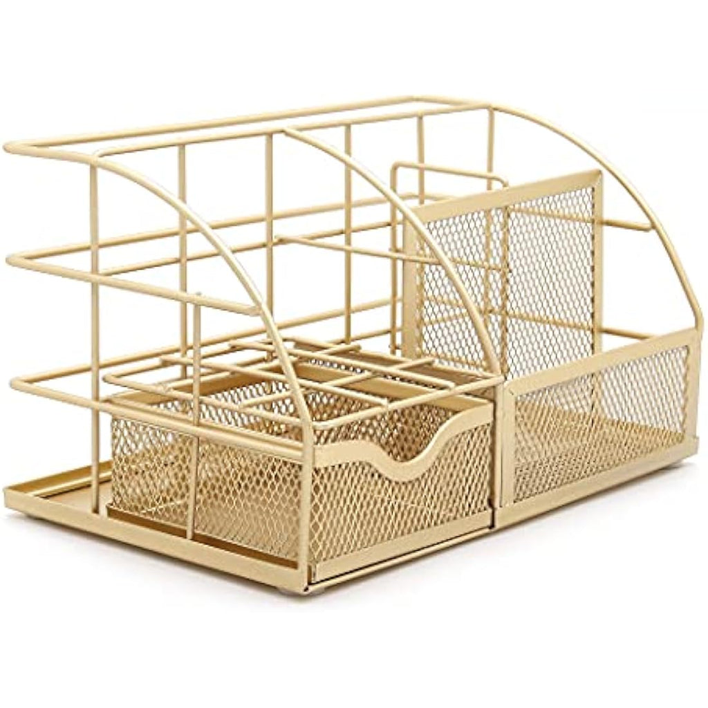 Exerz Mesh Desk Organiser – 7 Compartment Metal Desktop Caddy, Gold