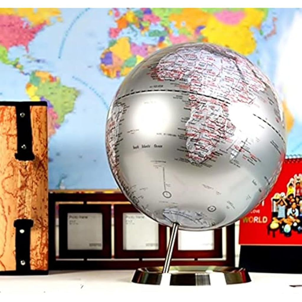 Exerz 25cm World Globe – Metallic Silver Desk Decor with Steel Stand