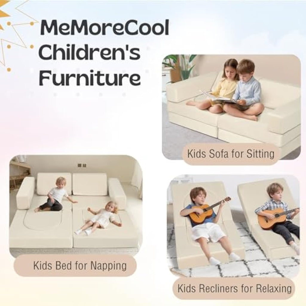 MeMoreCool 10-Piece Kids Play Couch – Modular Foam Toddler Sofa, Beige
