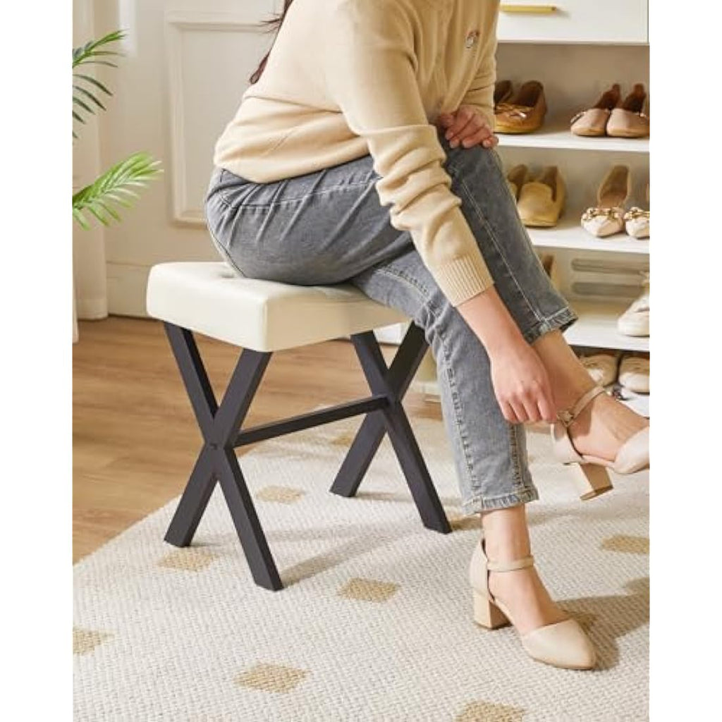 IBUYKE U-Shaped Vanity Stool | White PU Leather Makeup Ottoman with X-Leg