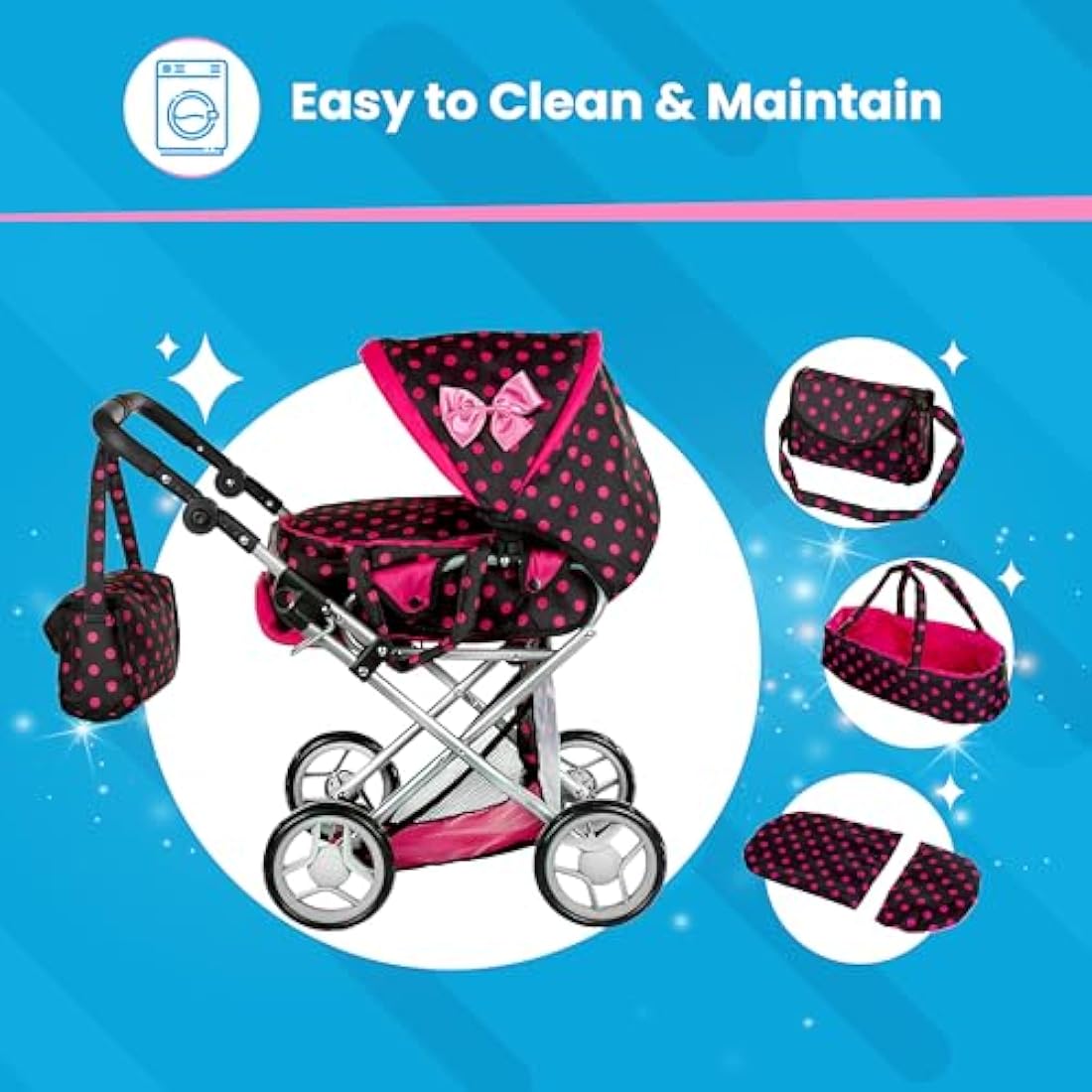 Kinderplay 3-in-1 Doll Pram – Adjustable Toy Stroller for Girls, KP0200G