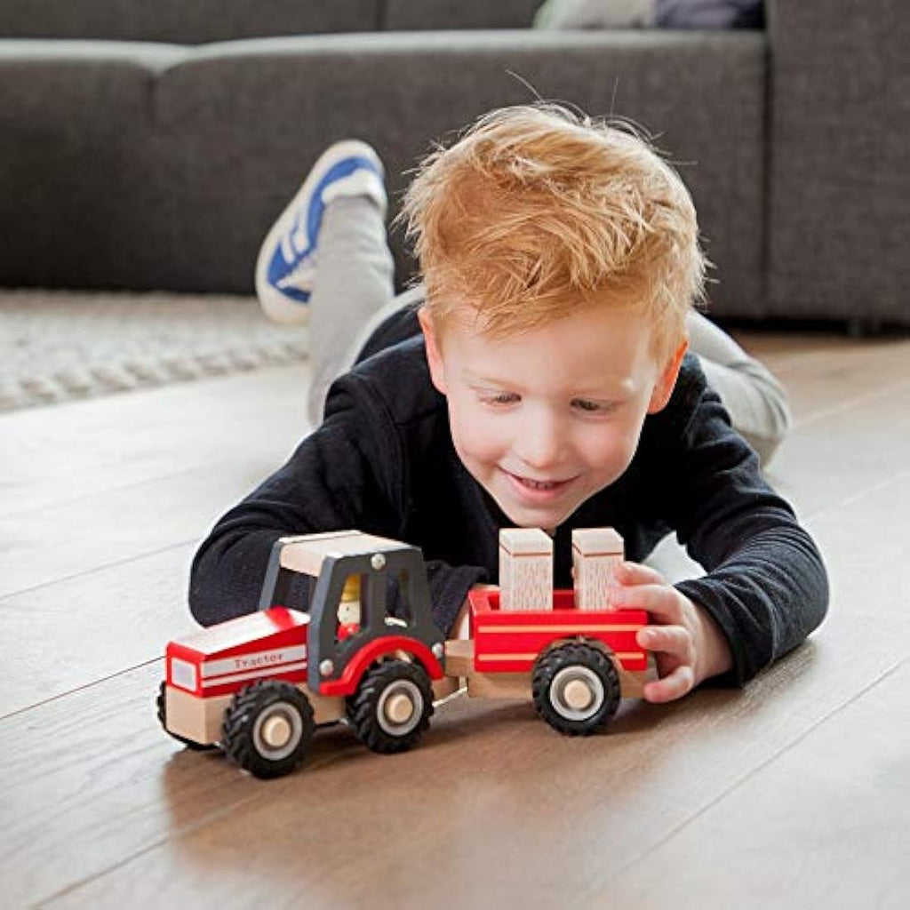 New Classic Toys Wooden Tractor with Hay Stacks - Red Toddler Toy
