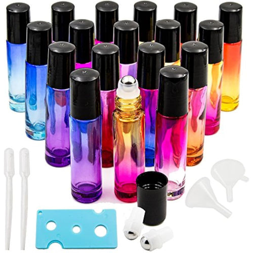 18 Pack Rainbow Glass Essential Oil Roller Bottles, 10ml