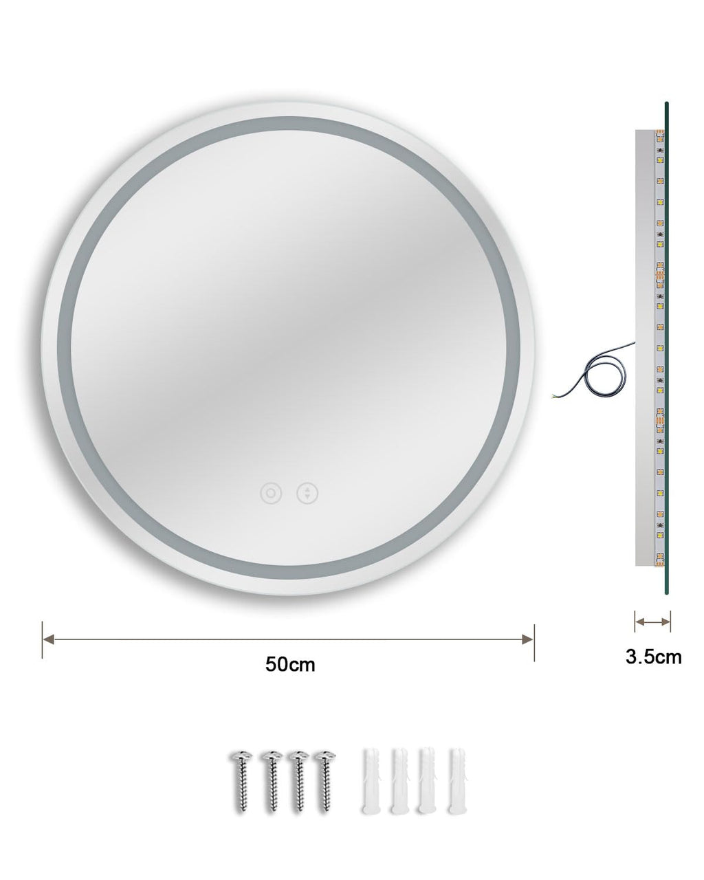 Dripex 500mm Round LED Bathroom Mirror | Anti-Fog Dimmable Vanity Light
