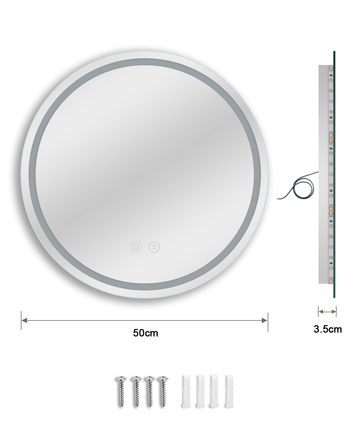Dripex 500mm Round LED Bathroom Mirror | Anti-Fog Dimmable Vanity Light