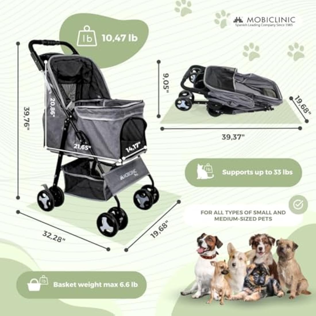 Mobiclinic Zuma Foldable Dog Pram - 15kg Pet Stroller with 360° Wheels