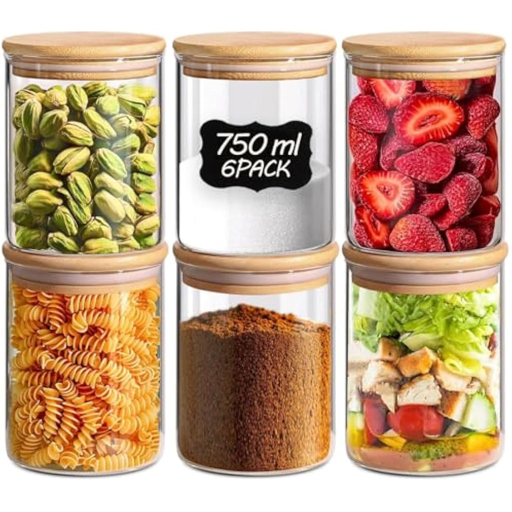 Jolof Store Glass Food Storage Jars with Bamboo Lids - 750ml Set of 6
