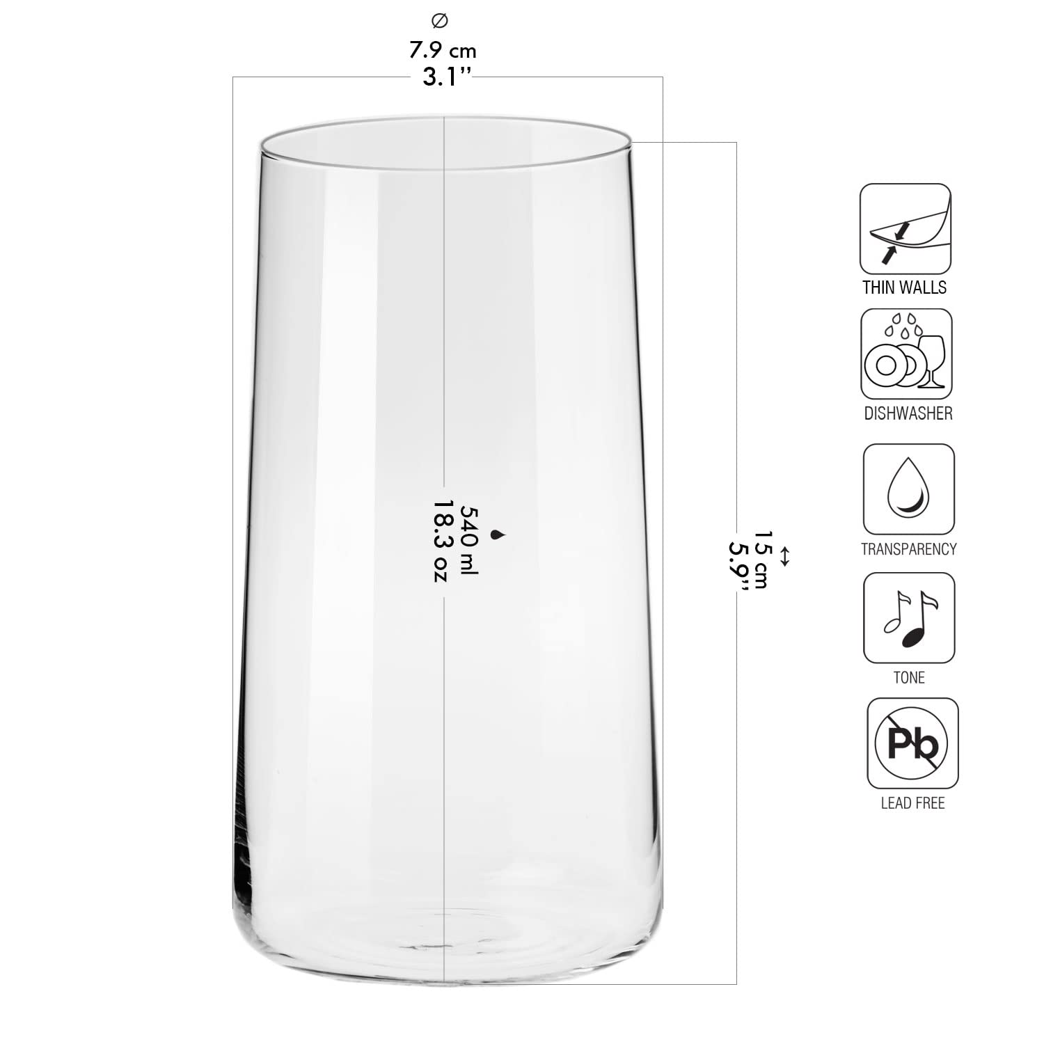 Krosno Avant-Garde Highball Glasses - Set of 6 Lead-Free Tumblers, 540ml