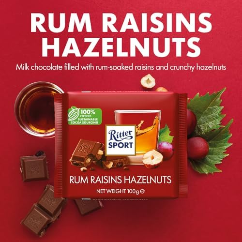 Ritter Sport Rum Raisins & Hazelnuts Chocolate Bar, 100g - Case of 12