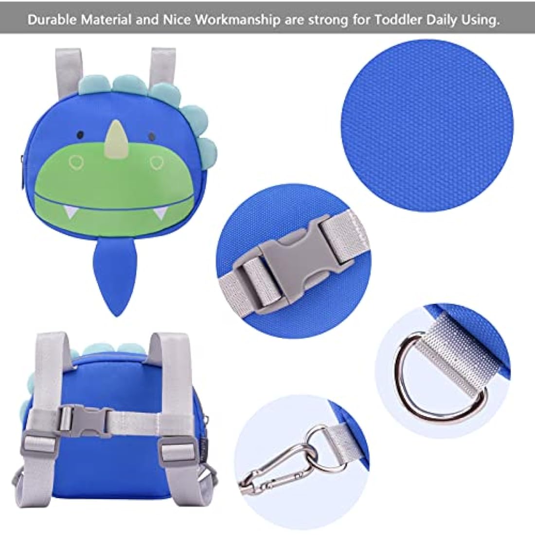 Bebamour Toddler Backpack with Safety Leash – Blue Dino Harness Bag