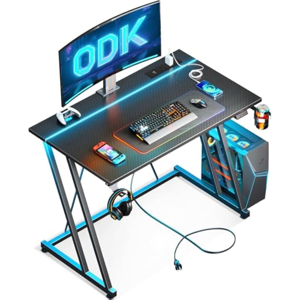 ODK Gaming Desk with LED Lights & Power Outlet | Carbon Fiber Black 80cm