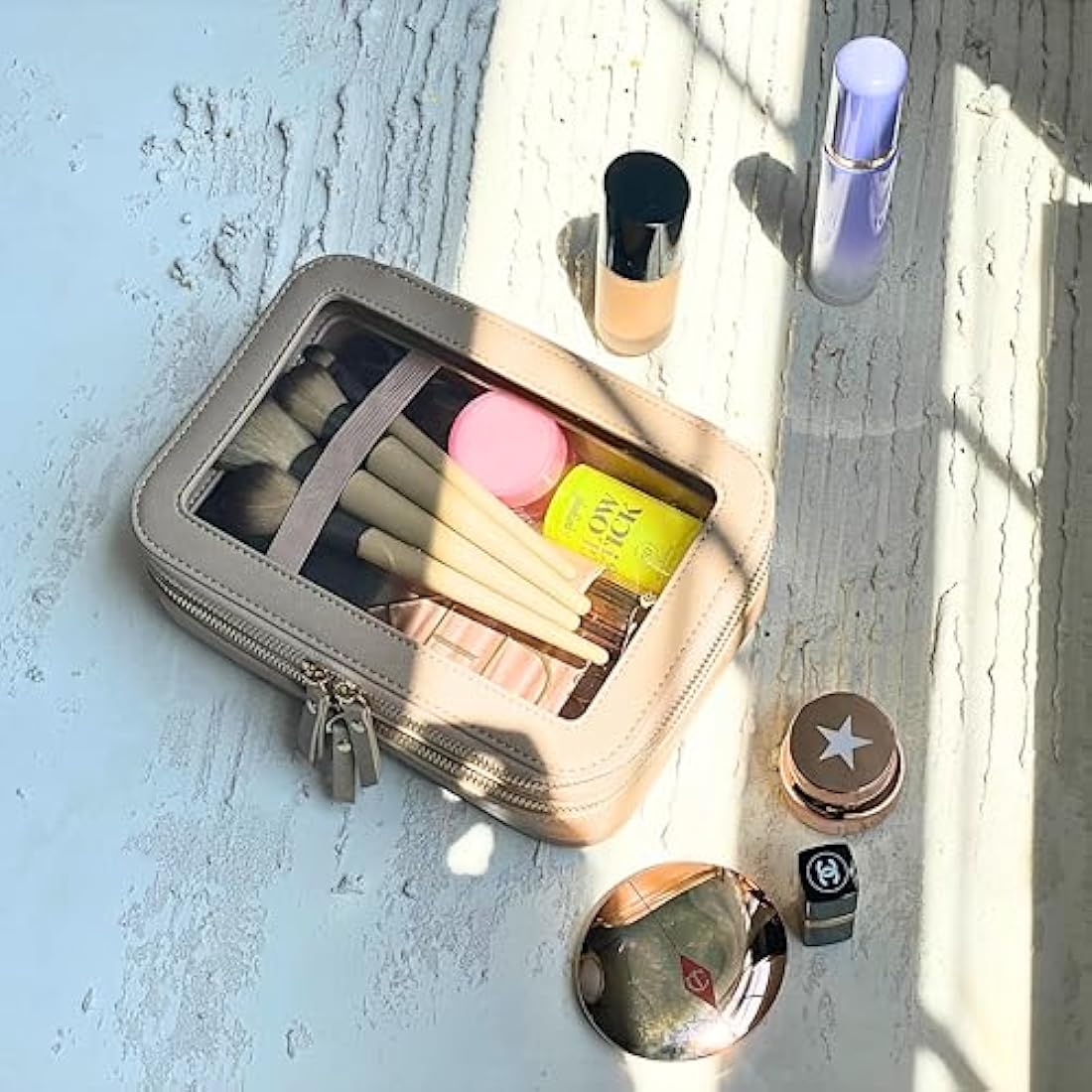 JAZD Clear Makeup Organizer | Large Travel Cosmetic Bag - Beige Saffiano
