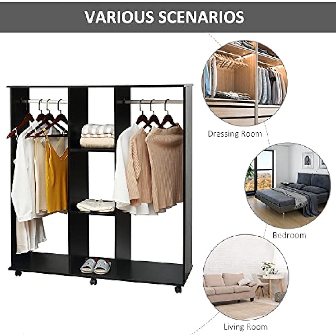 HOMCOM Double Open Wardrobe on Wheels | Mobile Garment Rack with Shelves