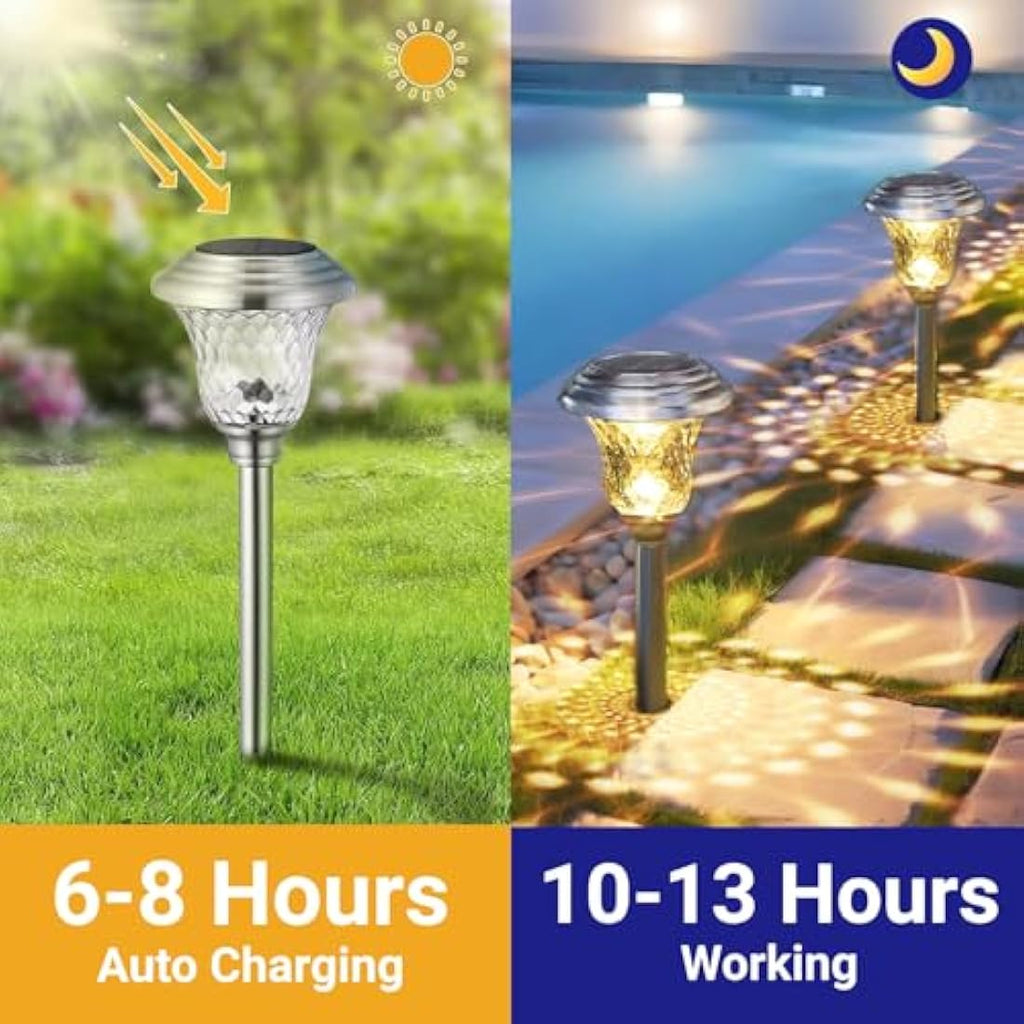 BEAU JARDIN Solar Pathway Lights | 8 Pack Waterproof Stainless Steel Glass