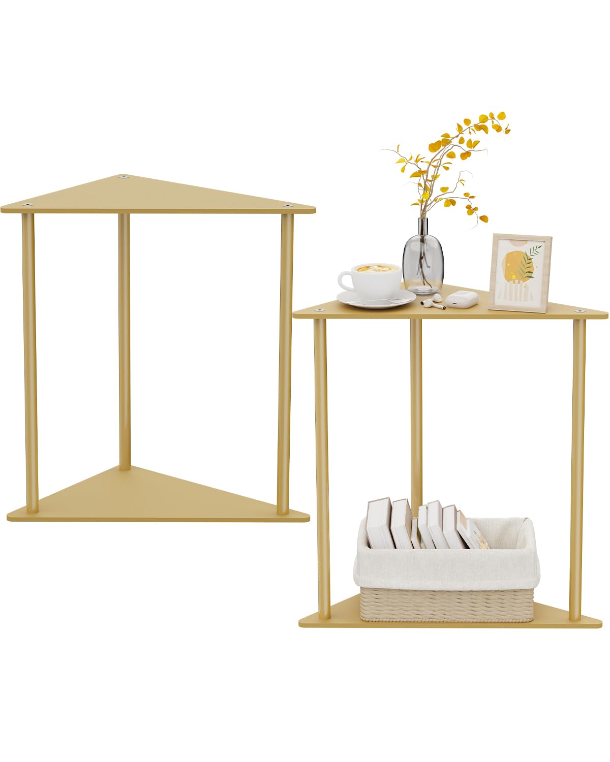 Yawinhe Triangle Metal Side Table,2-Tier Small Corner Table,Golden,2 Pack - image 1