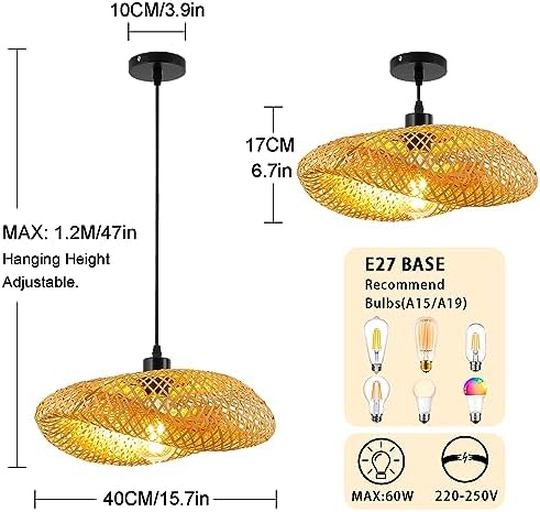 Schindora Bamboo Straw Hat Pendant Light – 50cm Woven Boho Ceiling Lamp