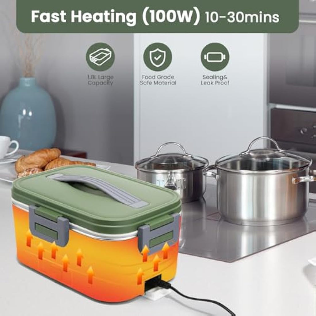 BYbrutek 100W Electric Lunch Box – 1.8L Stainless Steel Food Warmer (Green)