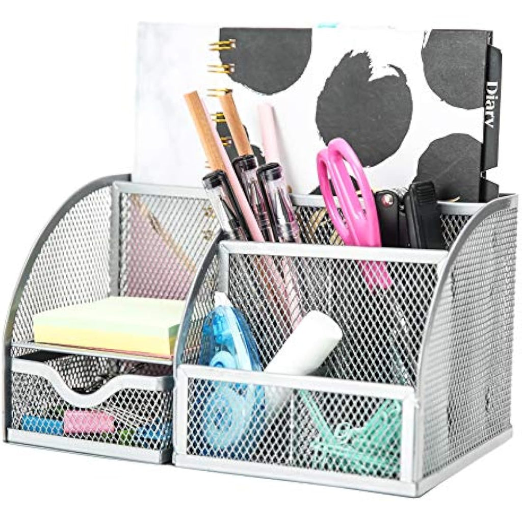 Exerz Mesh Desk Organiser – 7 Compartment Metal Pen Holder, Silver Grey