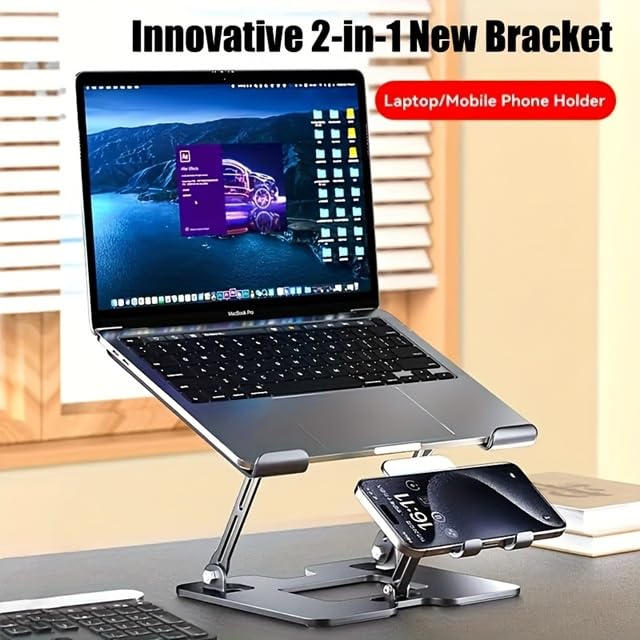 Omana Ergonomic 2-in-1 Laptop Stand with Phone Holder for Desk, Adjustable Riser, Sturdy and Portable, Fits All Laptops and Phone Silver - image 3