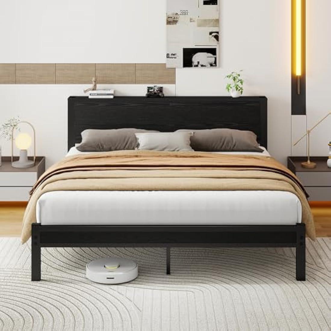DUMEE King Size Metal Bed Frame with Storage Headboard – Black
