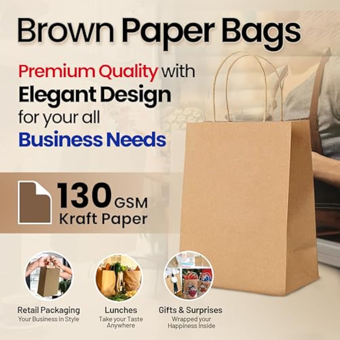 HURUC Brown Paper Gift Bags with Handles - 30 Pcs Small Kraft Carrier Bags