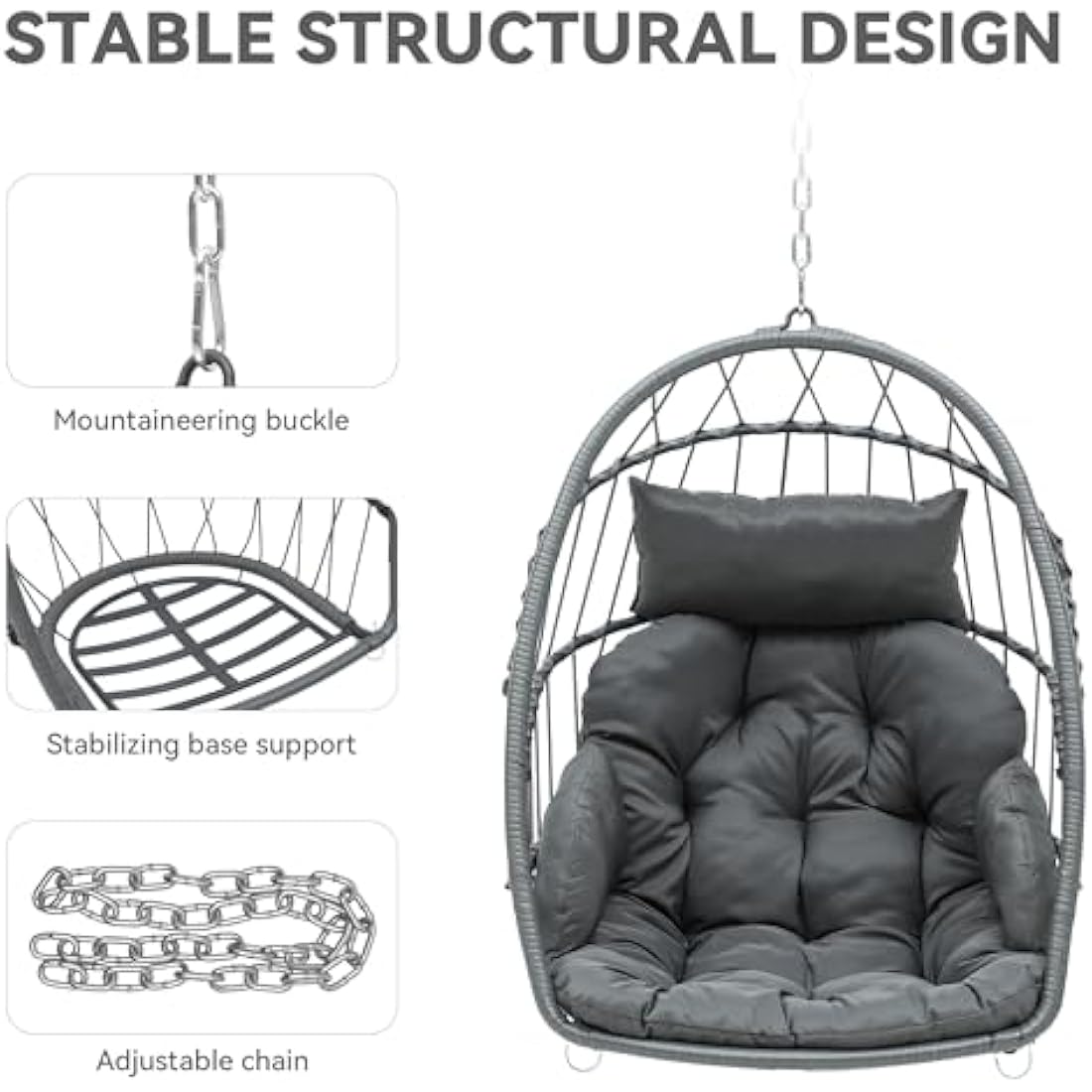 YITAHOME Rattan Hanging Egg Chair – Grey Steel Frame Garden Swing