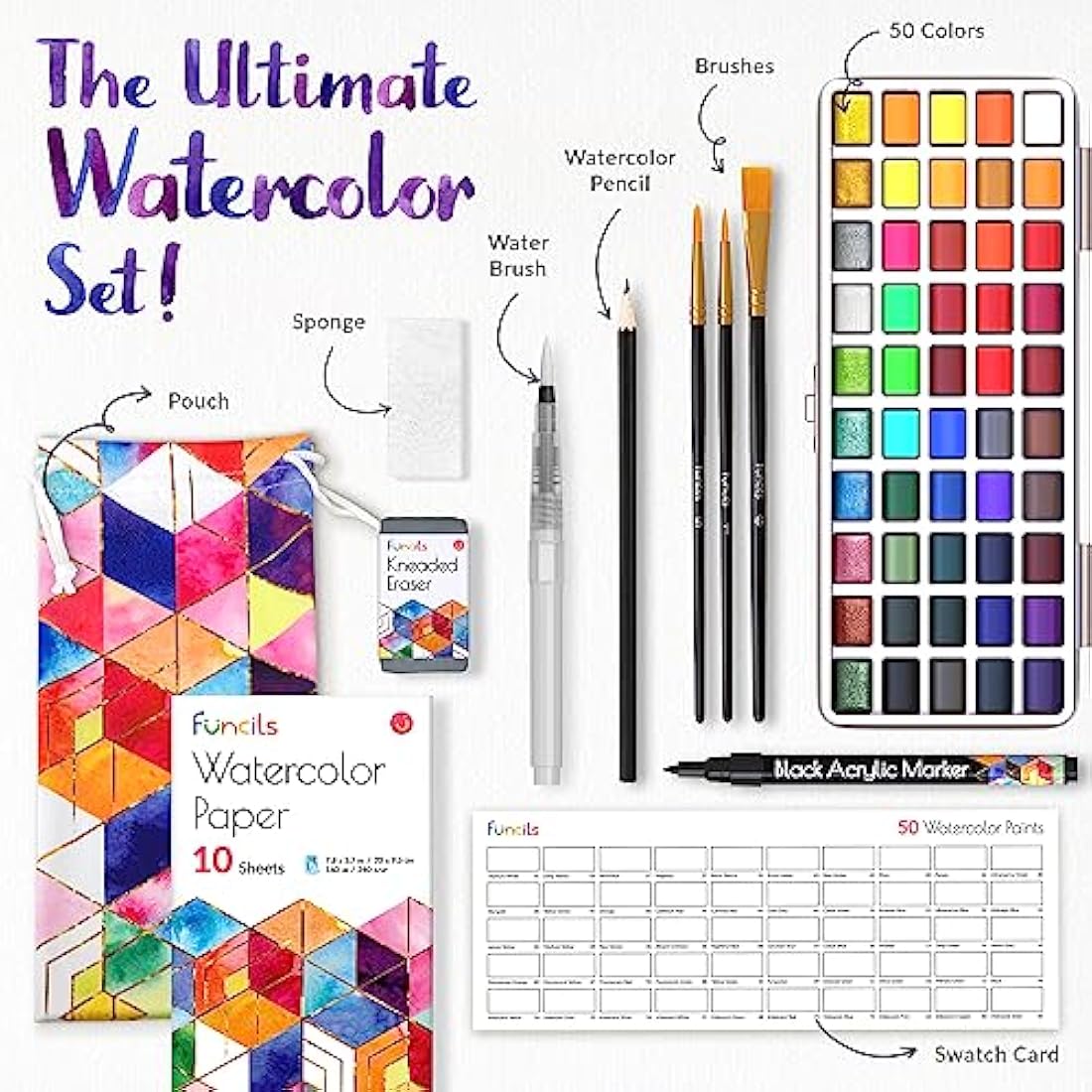 Funcils Professional Watercolour Paint Set - 50 Colors for Artists