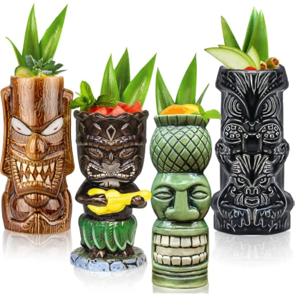 Jolof Store Tiki Mugs – Set of 4 Large Ceramic Hawaiian Cocktail Glasses