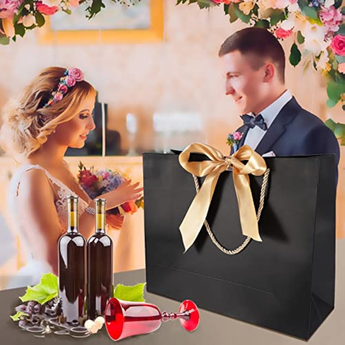 Black Paper Gift Bags with Gold Bows - 10 Pcs, 13x9.8x4.3"