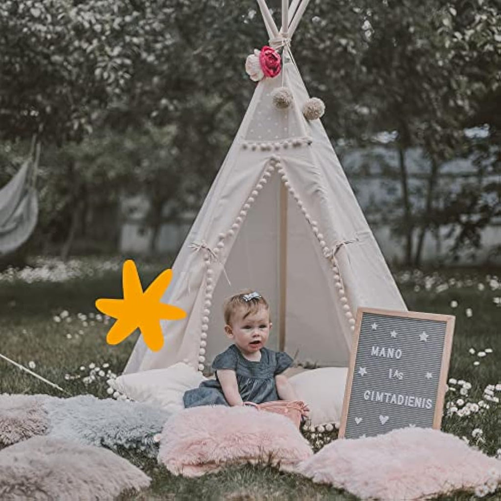 Kids Teepee Tent | Handmade Canvas Playhouse with Pom-Poms