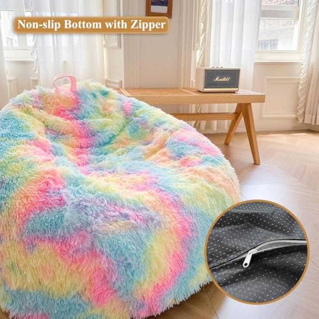 XeGe Faux Fur Bean Bag Cover – Rainbow Tie Dye Fluffy Chair for Storage