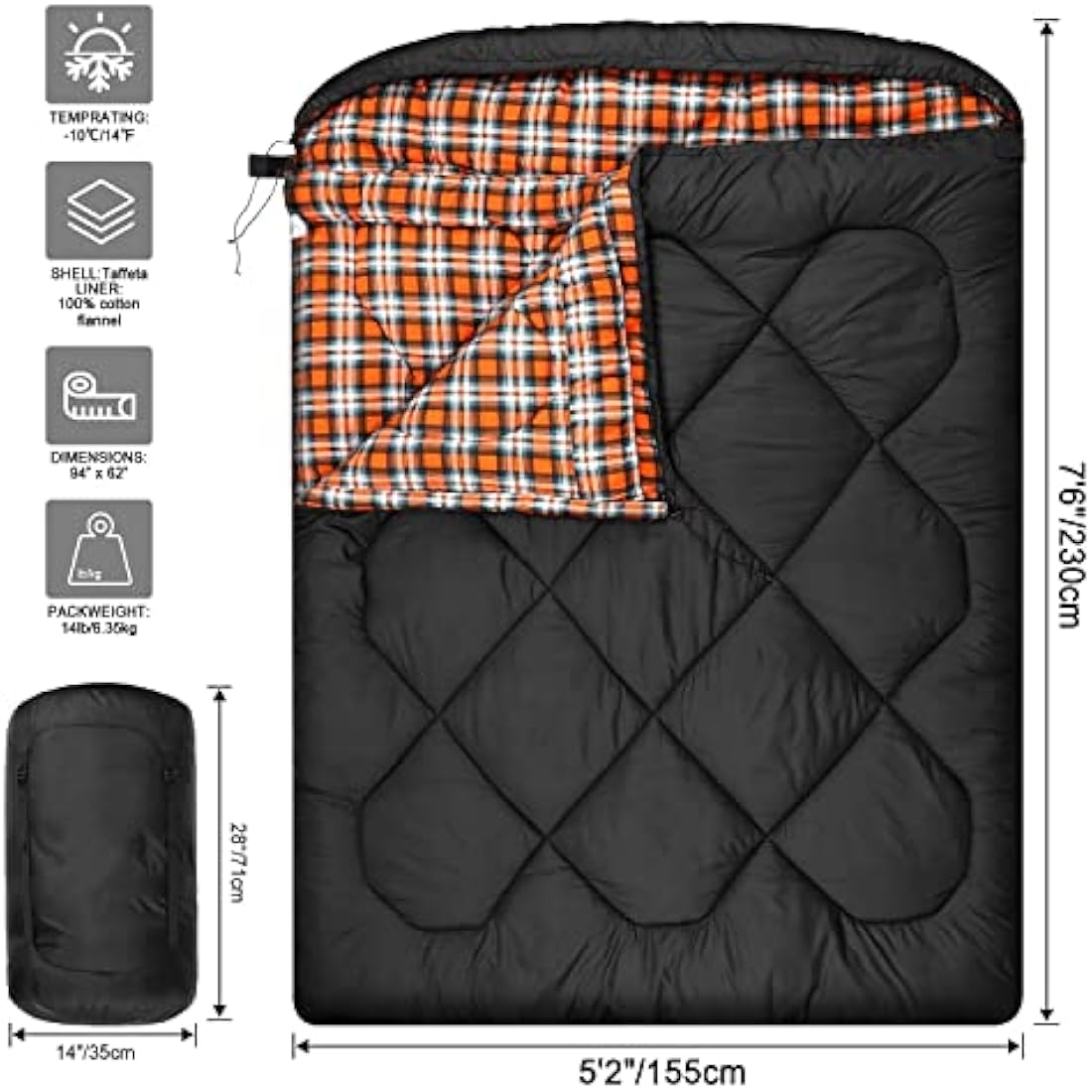 Jolof Store Double Sleeping Bag | 0 Degree Winter Queen Size Cotton Flannel
