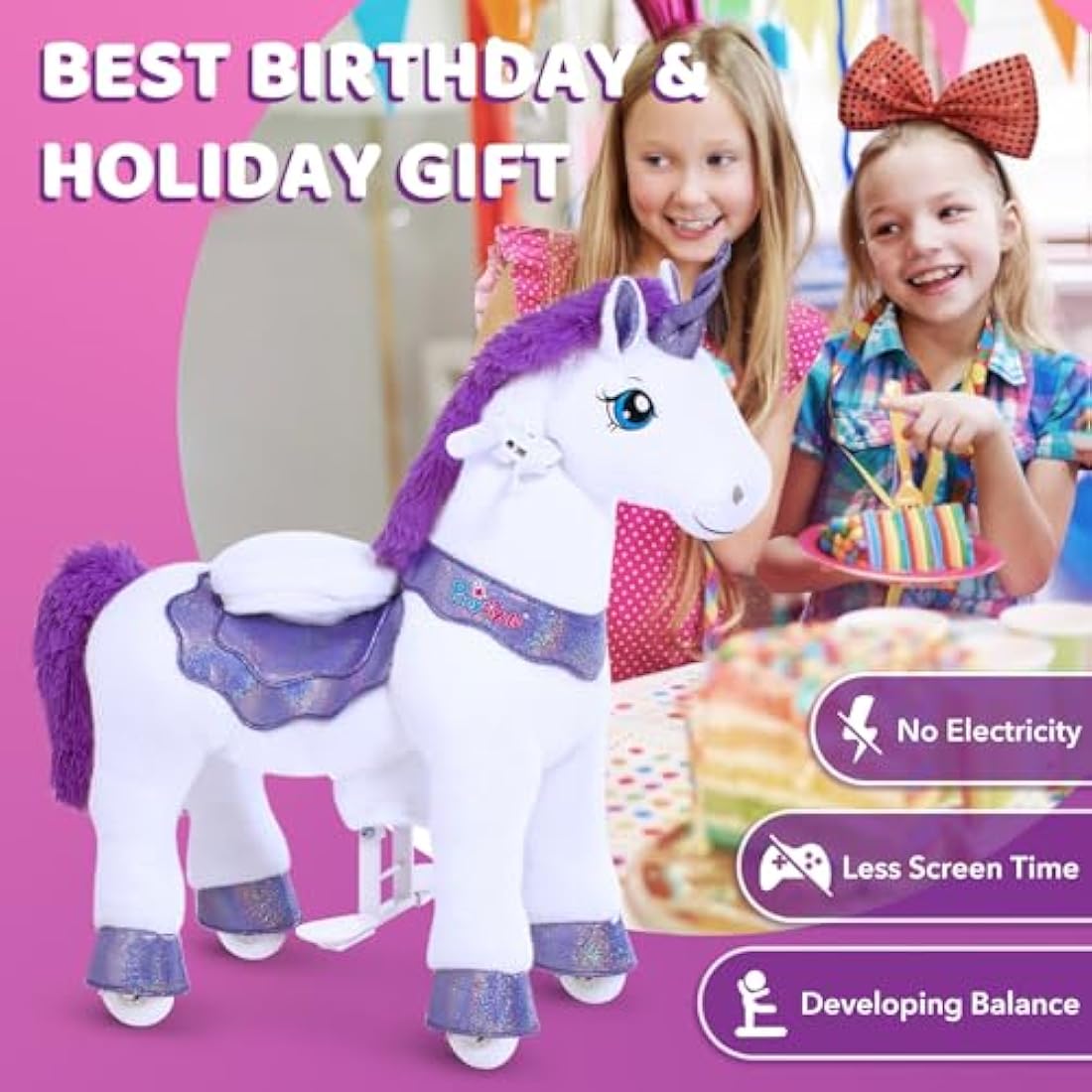 PonyCycle Ride on Unicorn Kids Scooter - Purple Mechanical Toy (Size 3)