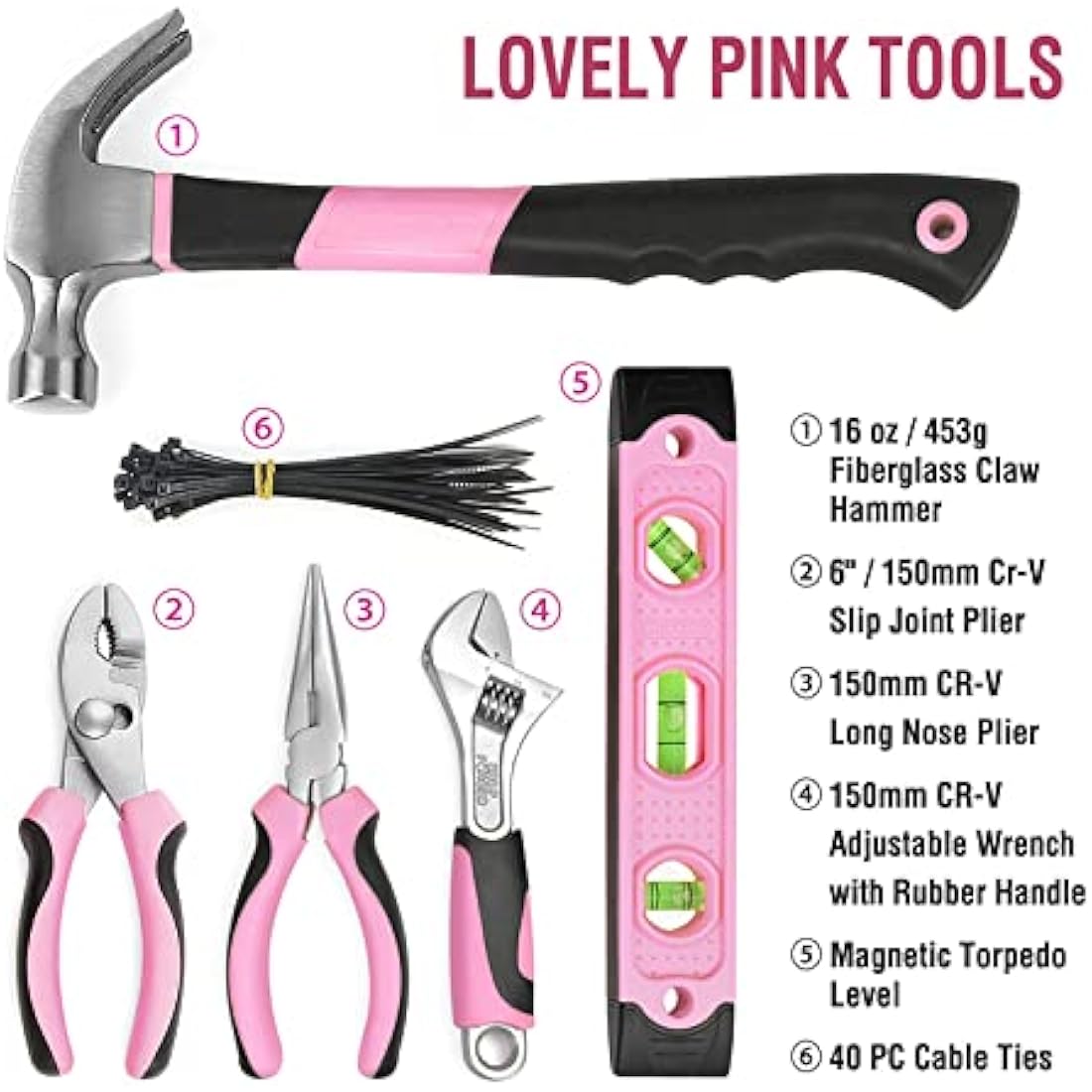 Workpro Pink Tool Kit – 103-Piece Hand Tool Set with Storage Bag