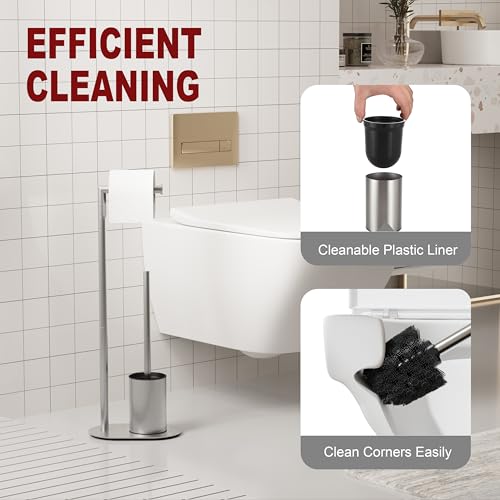 BVL Stainless Steel Free Standing Toilet Roll Holder with Brush