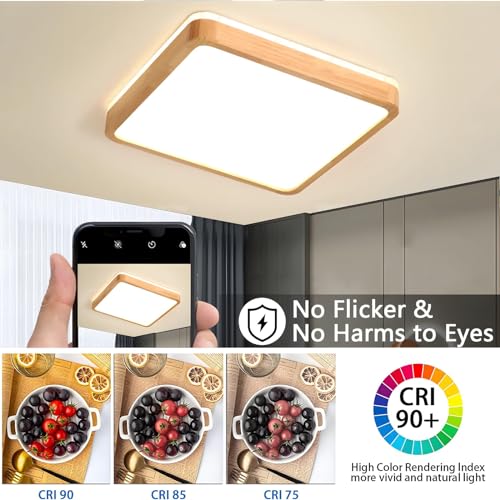YYUTLUO Square Wood LED Ceiling Light – 360° Glow 18W Warm White Lamp