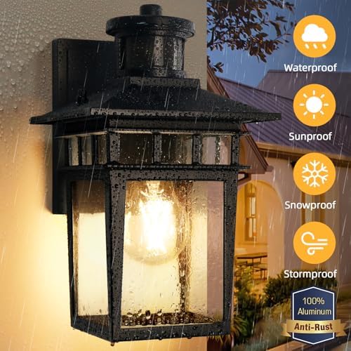 APOTO Motion Sensor Outdoor Wall Light | Dusk to Dawn Aluminum Porch Lantern
