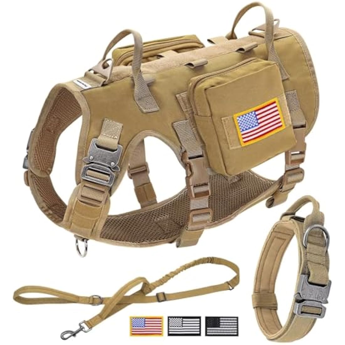 Forestpaw Tactical Dog Harness and Collar Set with Bungee Leash – Brown