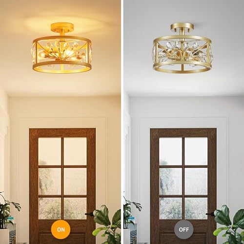 Jolof Store Crystal Leaf Chandelier – Gold 3-Light Semi-Flush Mount Light