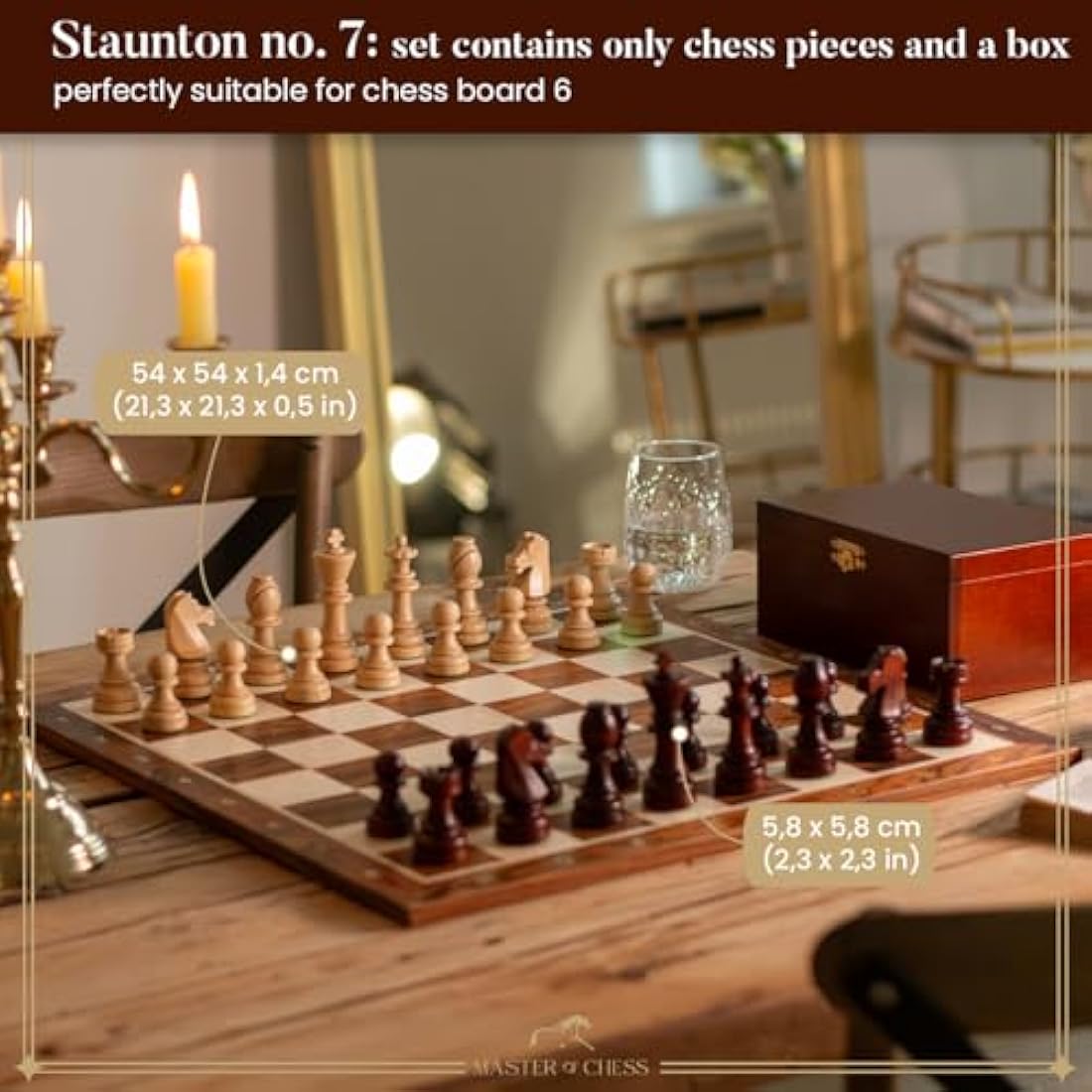 Staunton No. 7 Wooden Chess Pieces in Mahogany Box