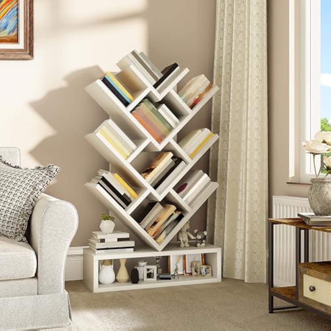 YITAHOME Tree Bookshelf – 8-Tier Geometric Bookcase with Drawer, White