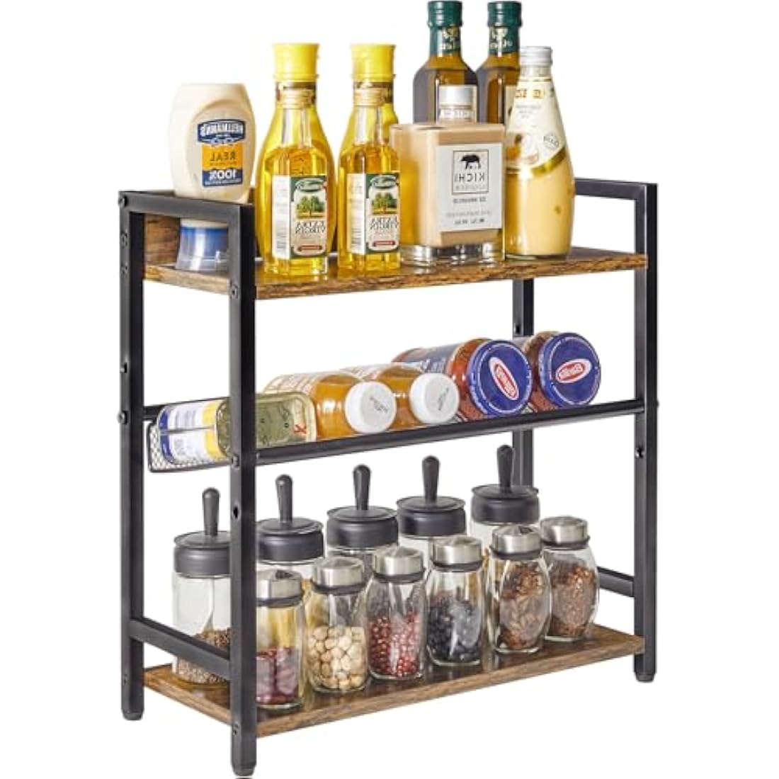 IBUYKE 3-Tier Spice Rack – Industrial Wood & Metal Countertop Organizer