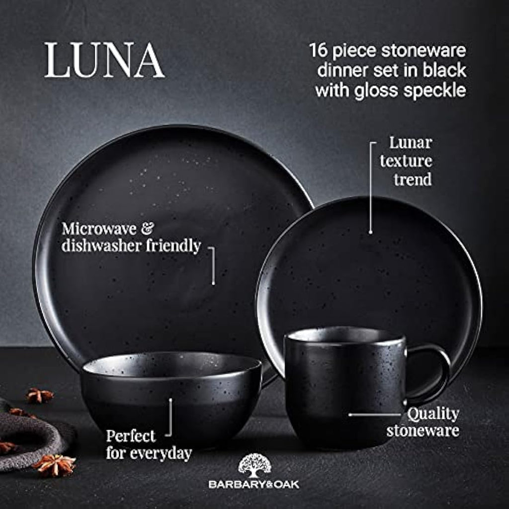 Barbary & Oak Luna 16 Piece Stoneware Dinnerware Set | Matte Black