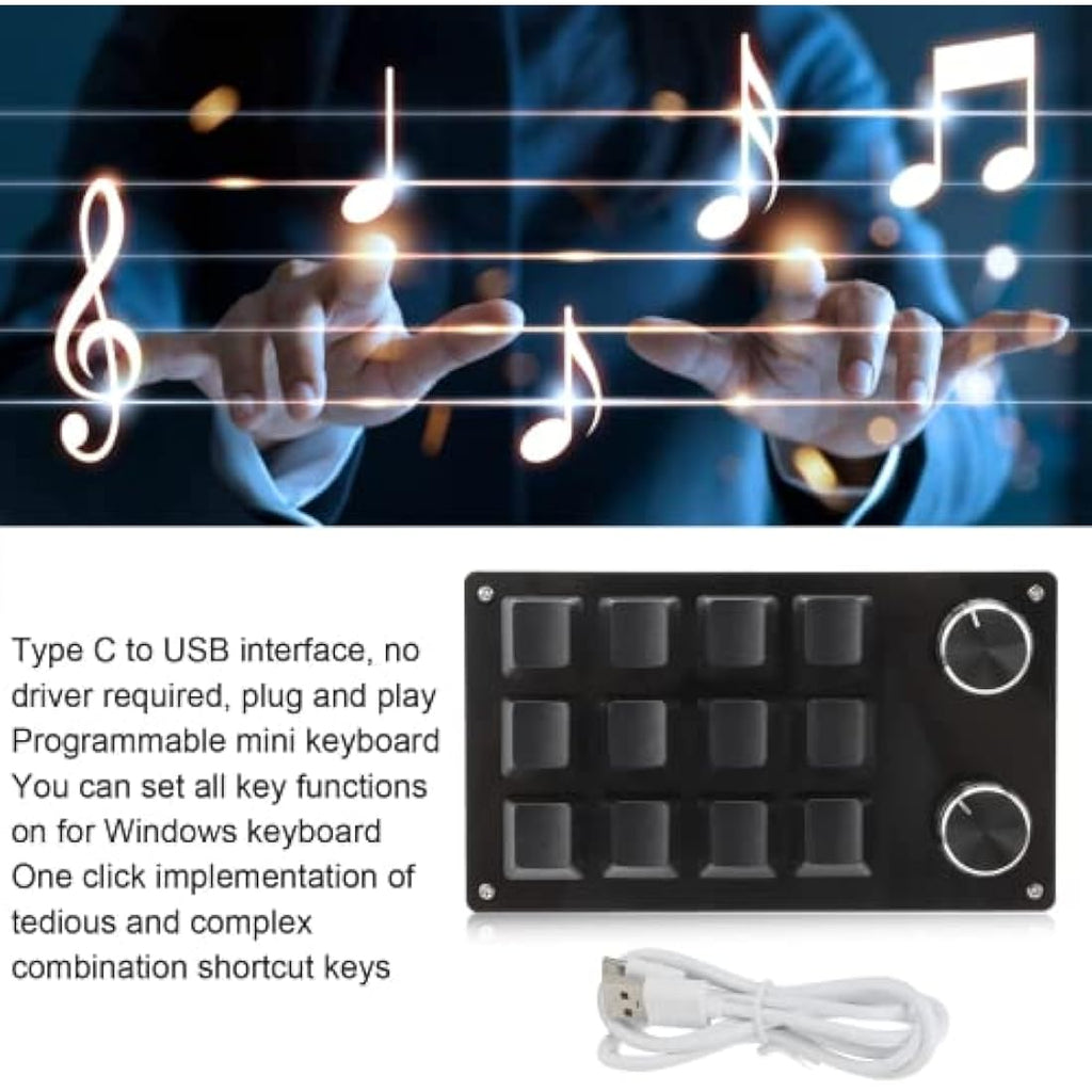 zalati 12-Key Programmable Mechanical Macro Pad with Knob - Black