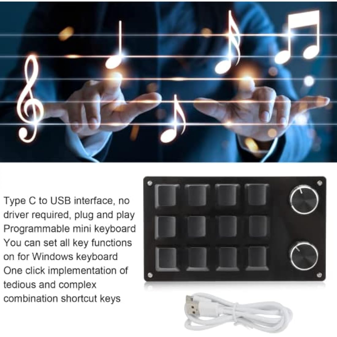 zalati 12-Key Programmable Mechanical Macro Pad with Knob - Black