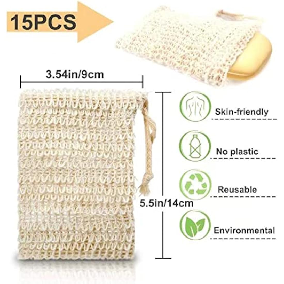 KIPETTO Natural Sisal Soap Saver Bag – 15Pcs Exfoliating Soap Pouch