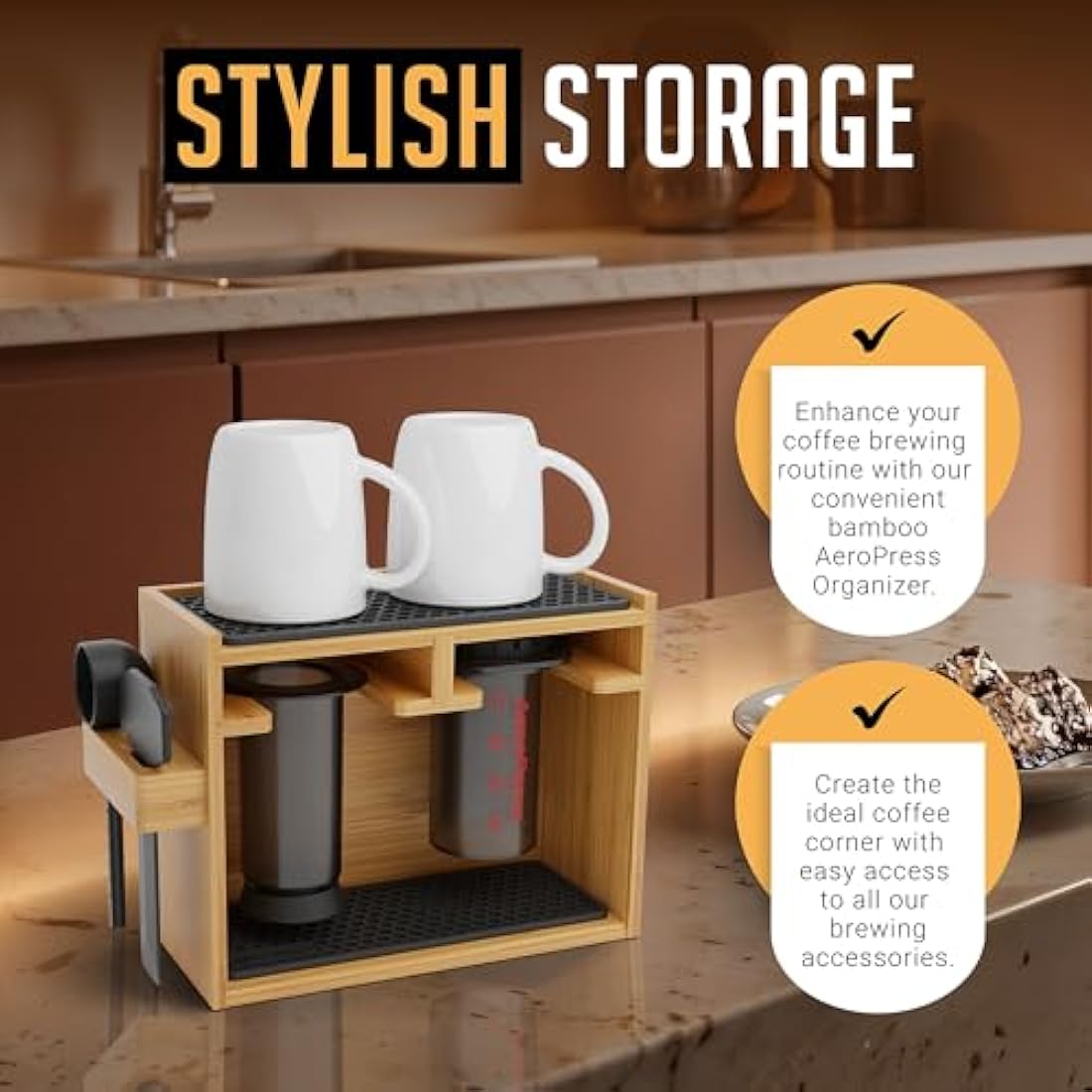 Hexnub Bamboo AeroPress Organizer Station with Silicone Mats - Black